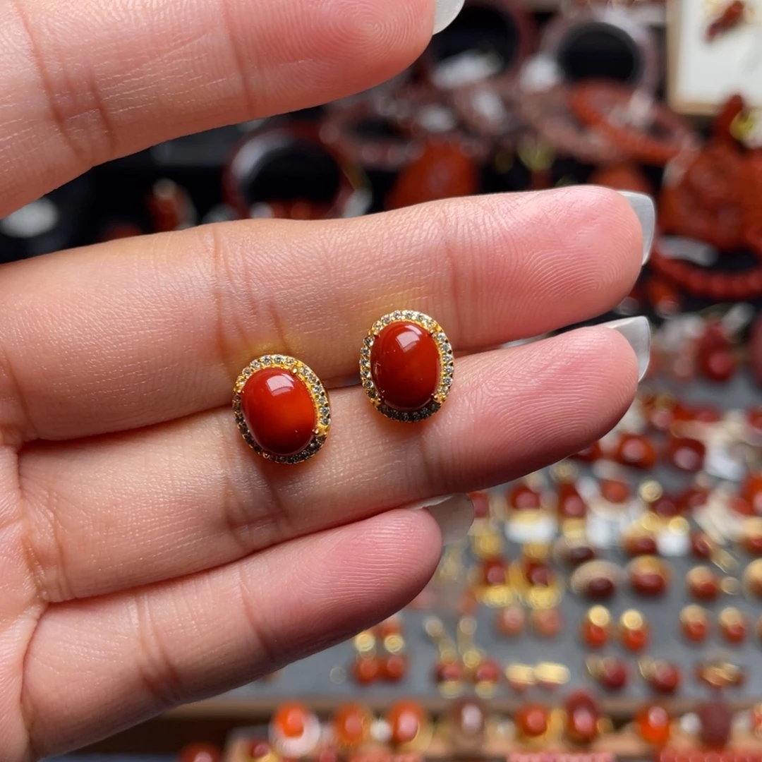 南红玛瑙银S925镶嵌新款耳钉