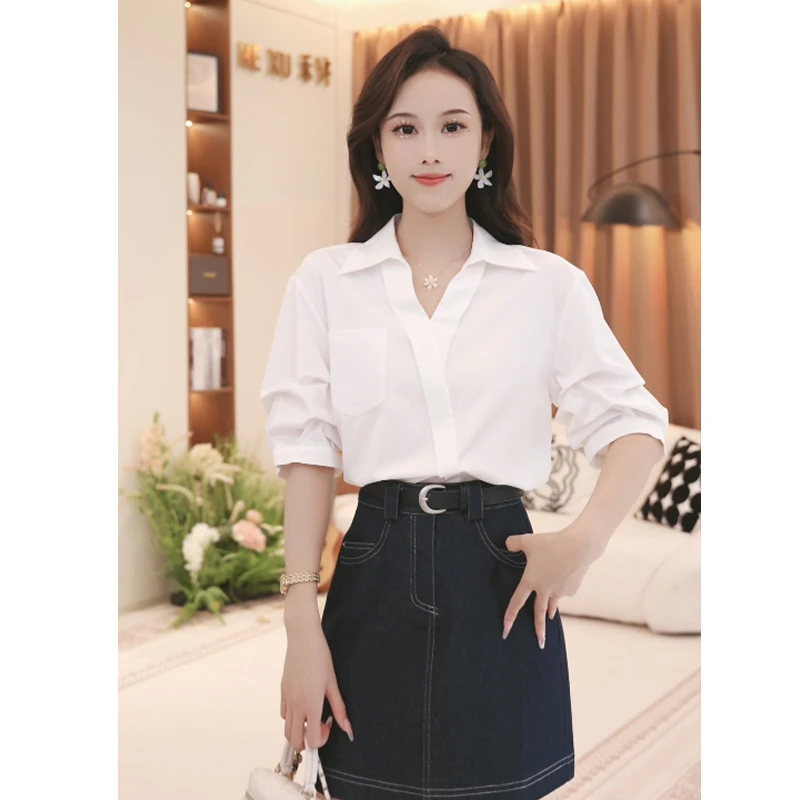 法式简约气质感翻领短袖衬衫女2025夏新款设计感百搭别致TU28230