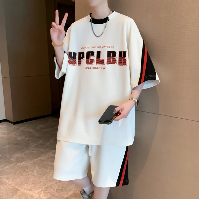 夏季圆领短袖t恤男士套装2025新款青少年印花整套打底衫两件套潮
