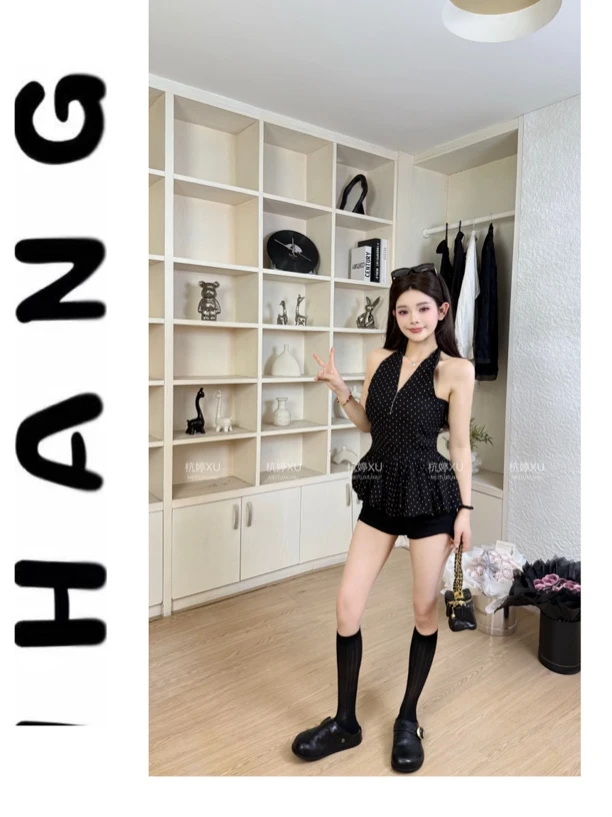 【夏有凉风】韩版时尚设计款波点挂脖背心上衣