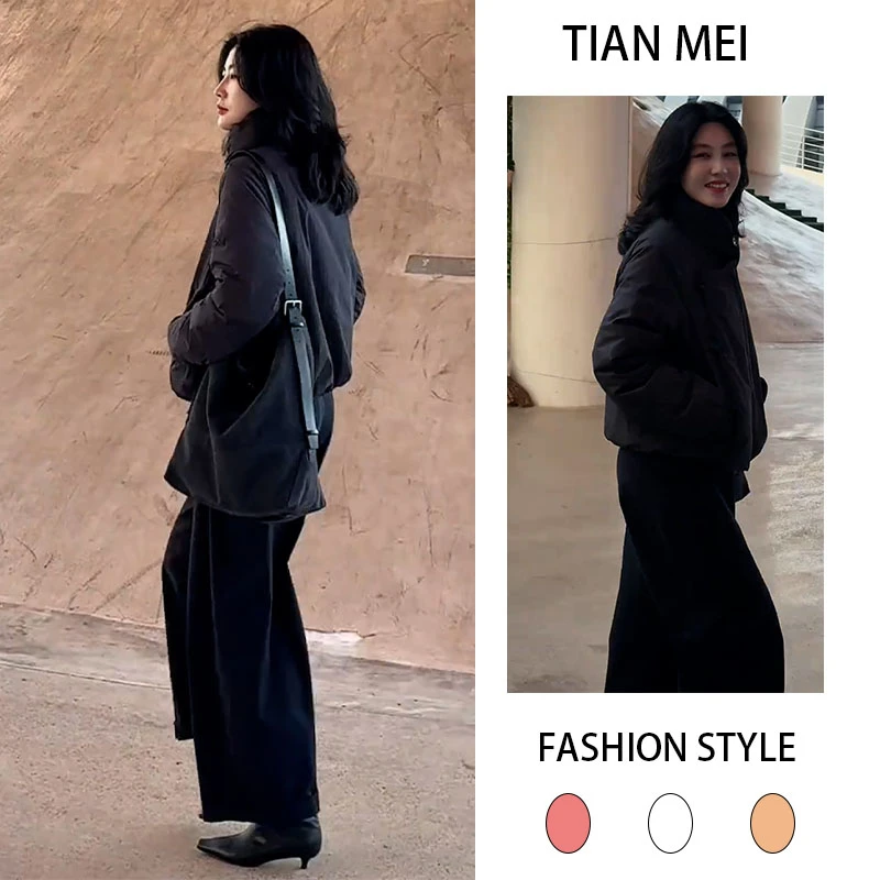 2025秋冬季新款设计感立领韩版长袖棉服外套女搭加绒休闲裤两件套