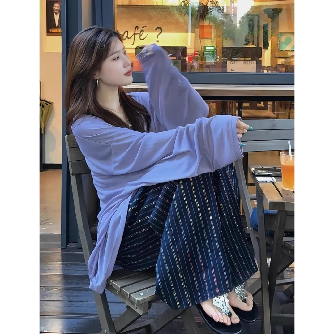 2025超火韩里韩气两件套夏装女清冷松弛感穿搭紫色防晒罩衫套装裤