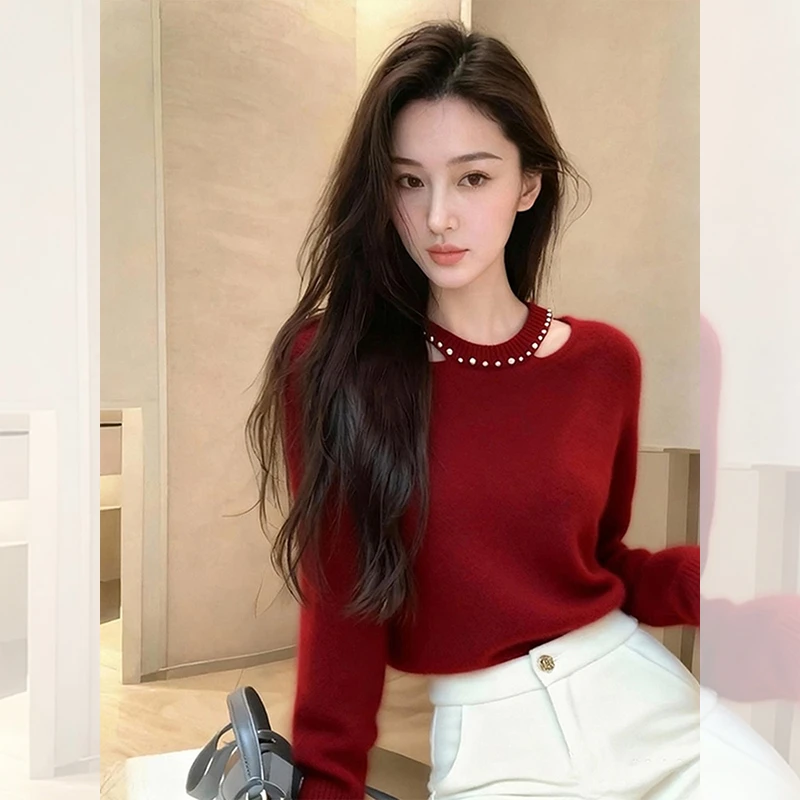 新款潮牌女装秋冬百搭洋气高贵上衣圣诞穿搭红色软糯针织打底小衫