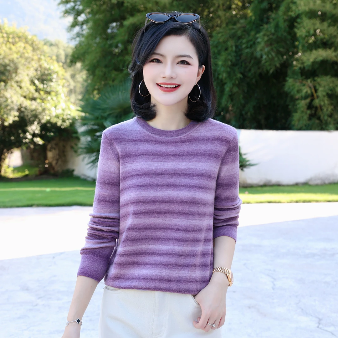 枫竺阿楠anan绵羊毛圆领条纹长袖针织衫女秋冬装显瘦毛衣打底上衣