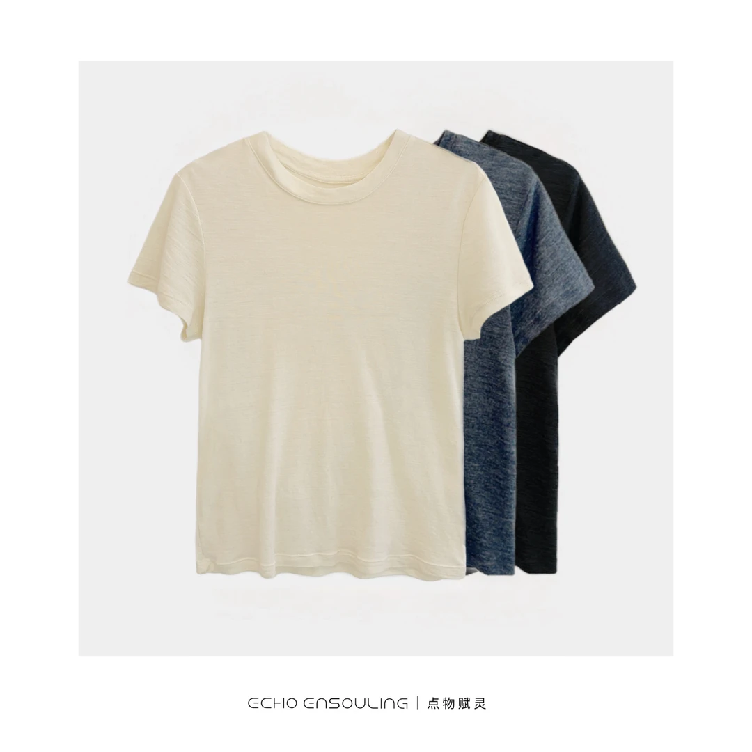 ECHO ENSOULING/点物赋灵E22323羊毛修身短袖T恤 羊毛简约休闲T恤