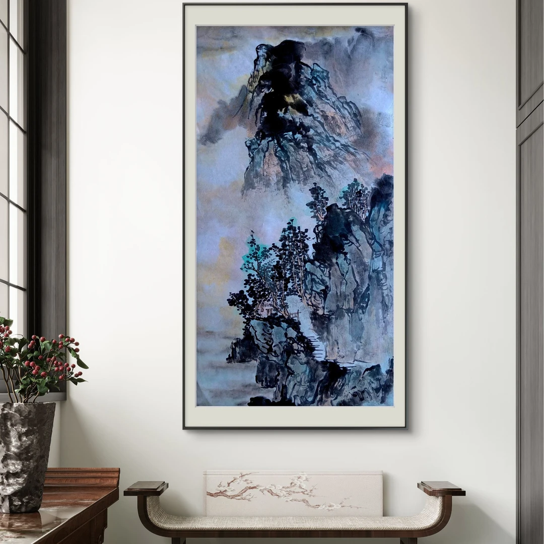 三尺50*100大风堂王斌手绘青绿山水画中国画客厅书房玄关挂画