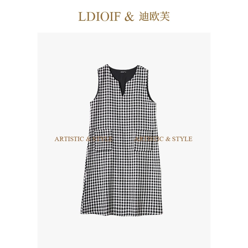 2025年秋季新款黑白千鸟格针织V领口袋背心裙#QLQ18842