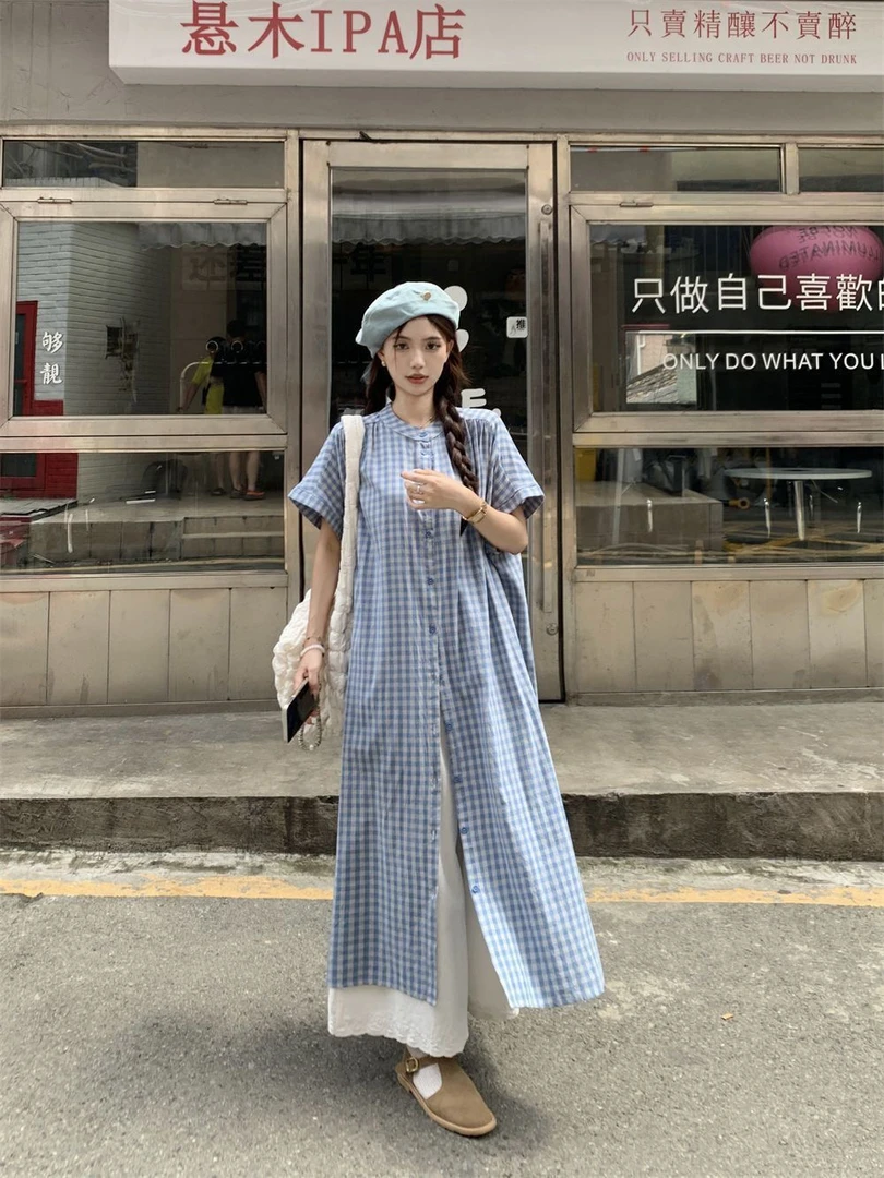 【小个子定制】复古撞色格纹立领宽松百搭短袖衬衫裙+宽松休闲长裤