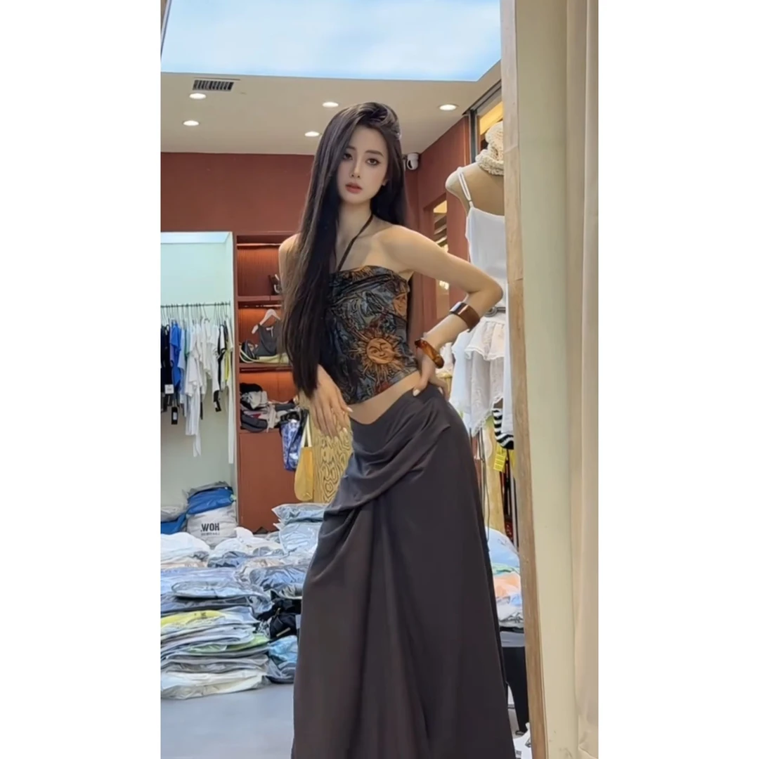 parkyeon千禧风复古辣妹太阳花印花挂脖吊带背心上衣半身裙套装