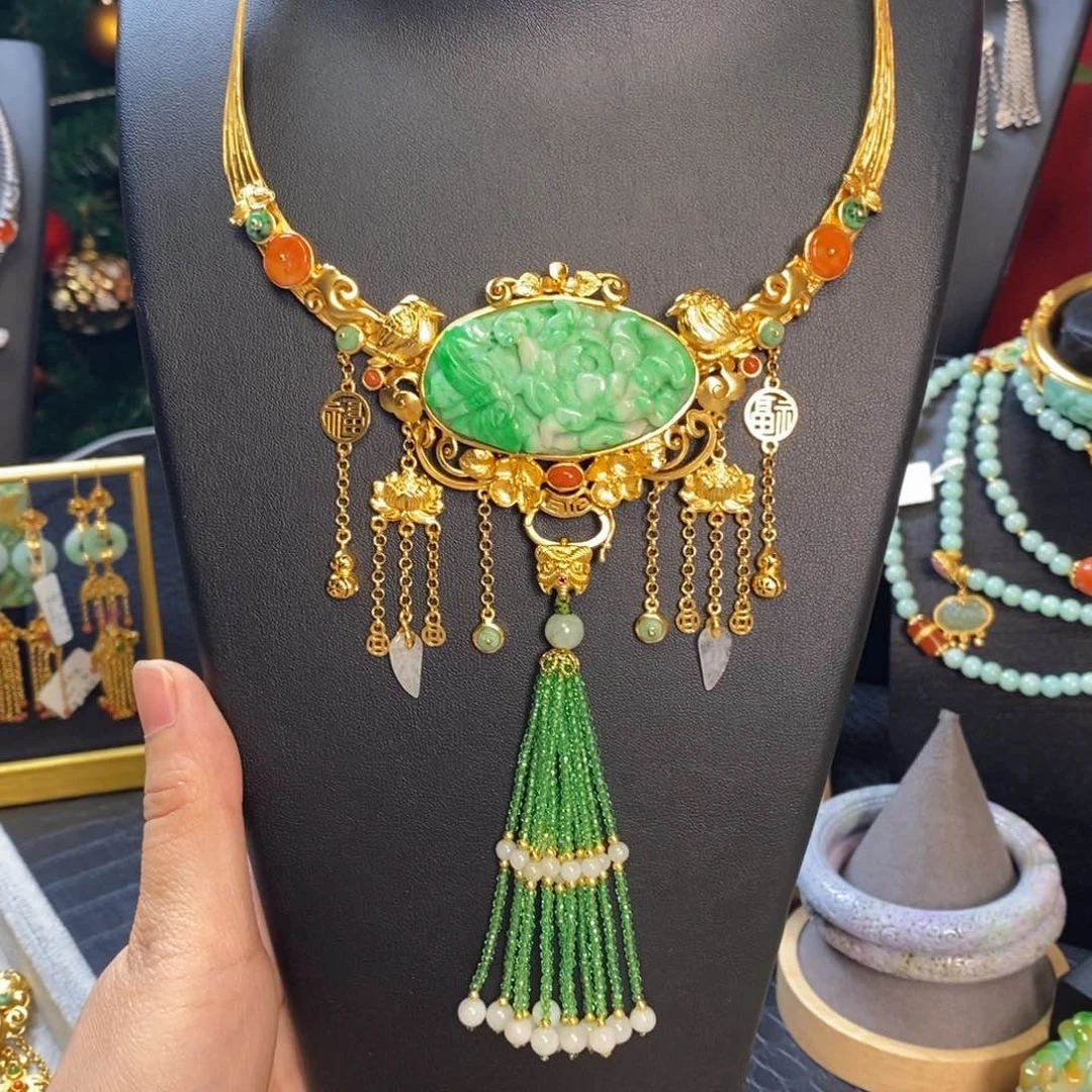 翡翠颈饰银S925镀金镶嵌o****y炸 项圈