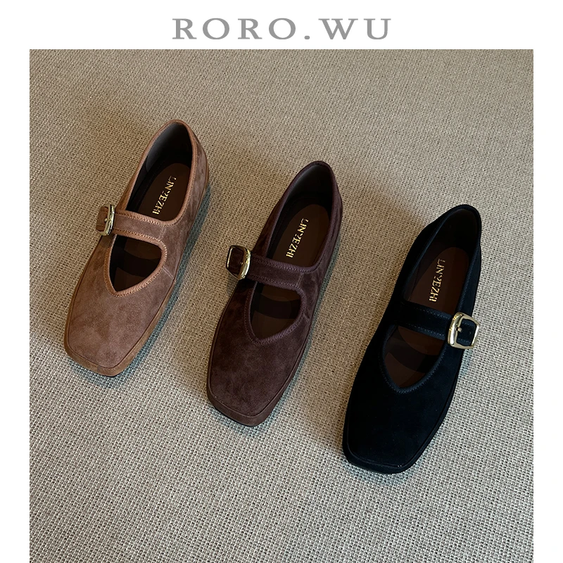 娆娆吴·气质简约舒适真皮一字扣浅口低跟复古百搭单鞋女鞋D896