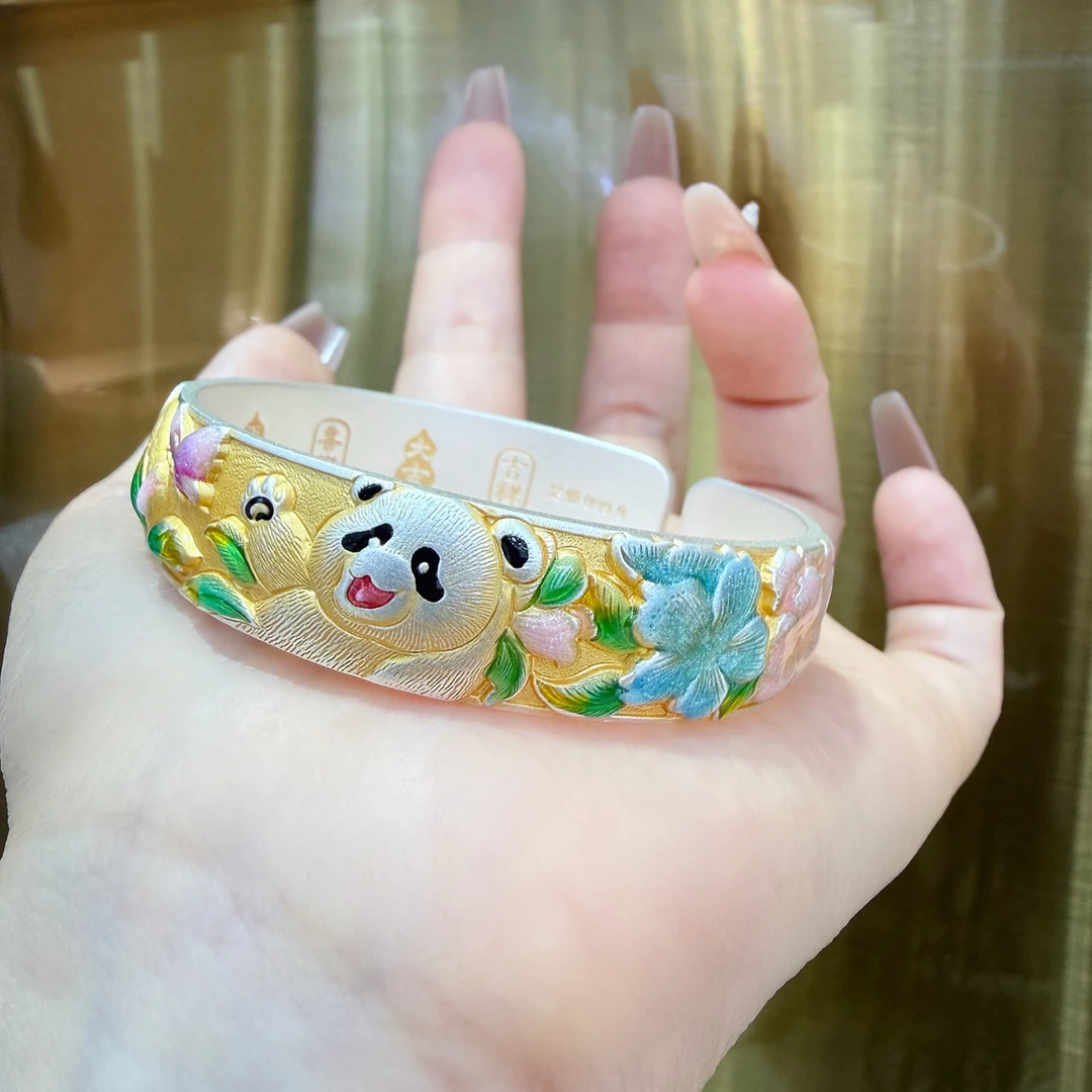 足银手镯 999.9纯银镯子珐琅描金熊猫牡丹银手镯国潮手工开口实心