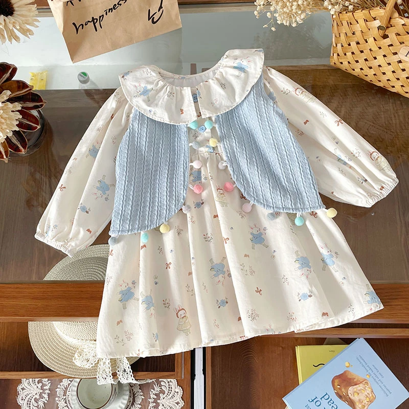 【现货】QQ259187秋季新款女童连衣裙马甲两件套女宝纯棉裙子