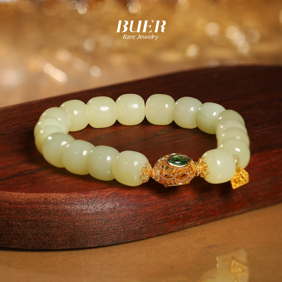 【不二】和田玉黄口18K金镶嵌设计款DIY单圈手串老型珠8mm+