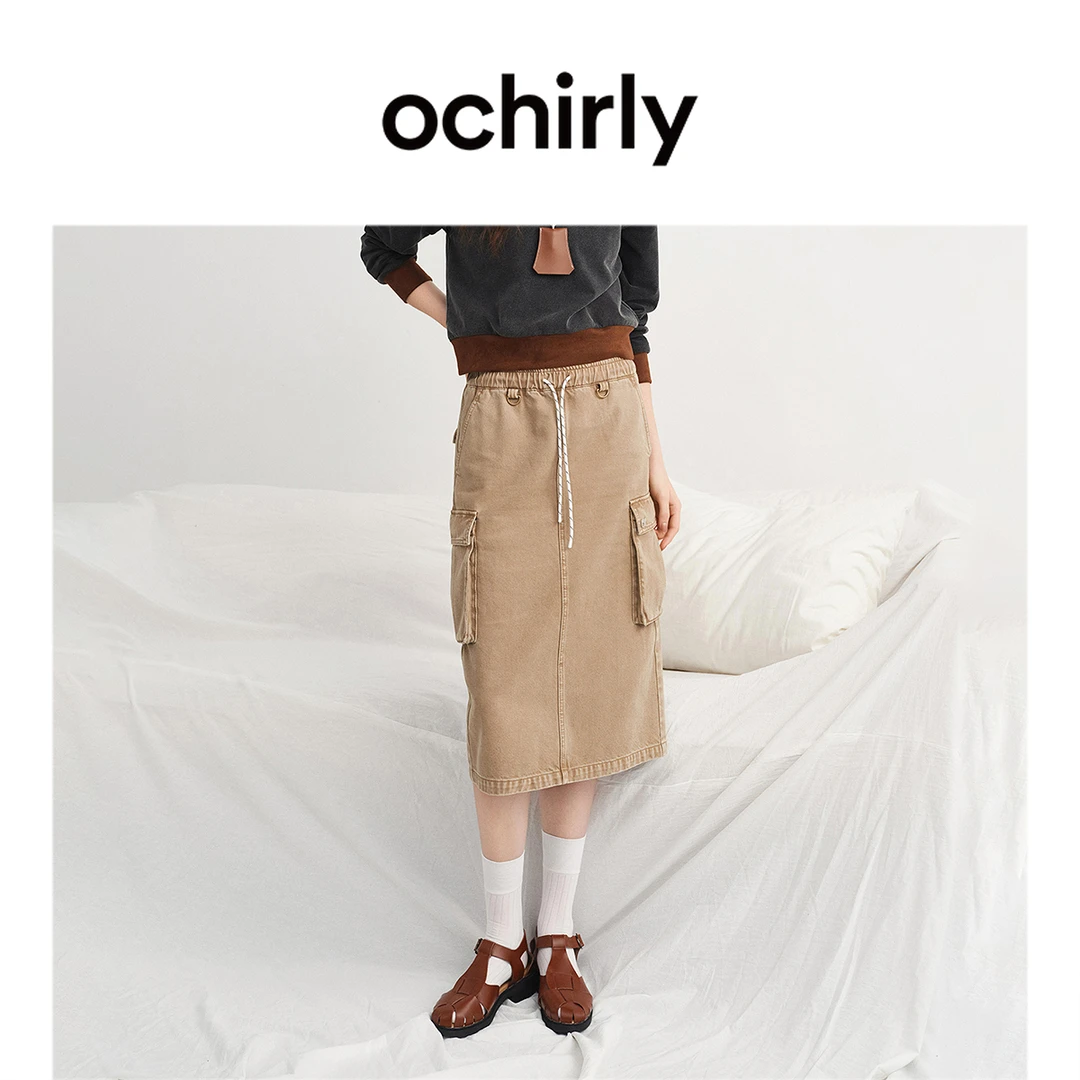 OCHIRLY欧时力 工装风直筒牛仔半身裙中长款抽绳休闲2025春季新品