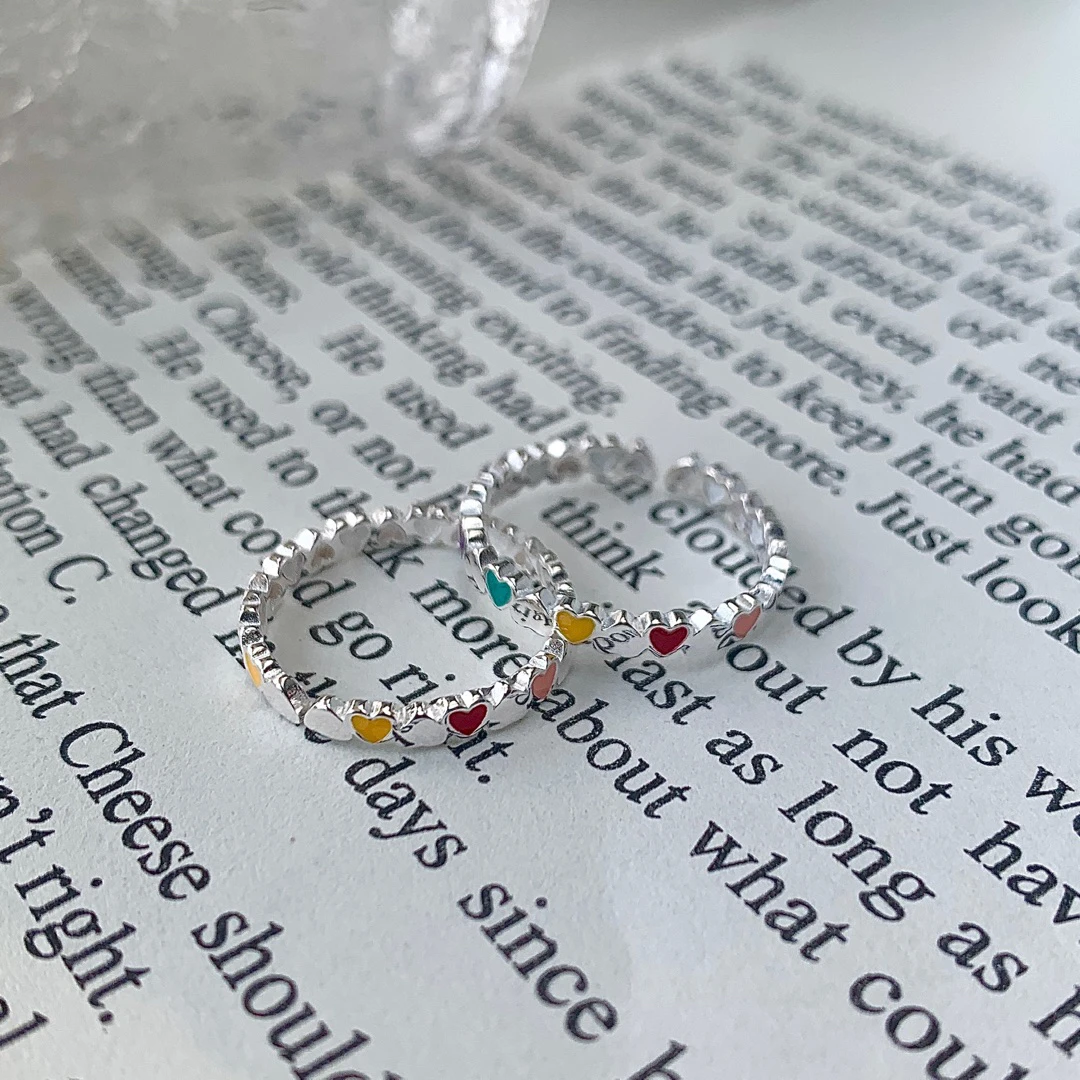 925银戒指 彩色爱心戒指 素银 11347