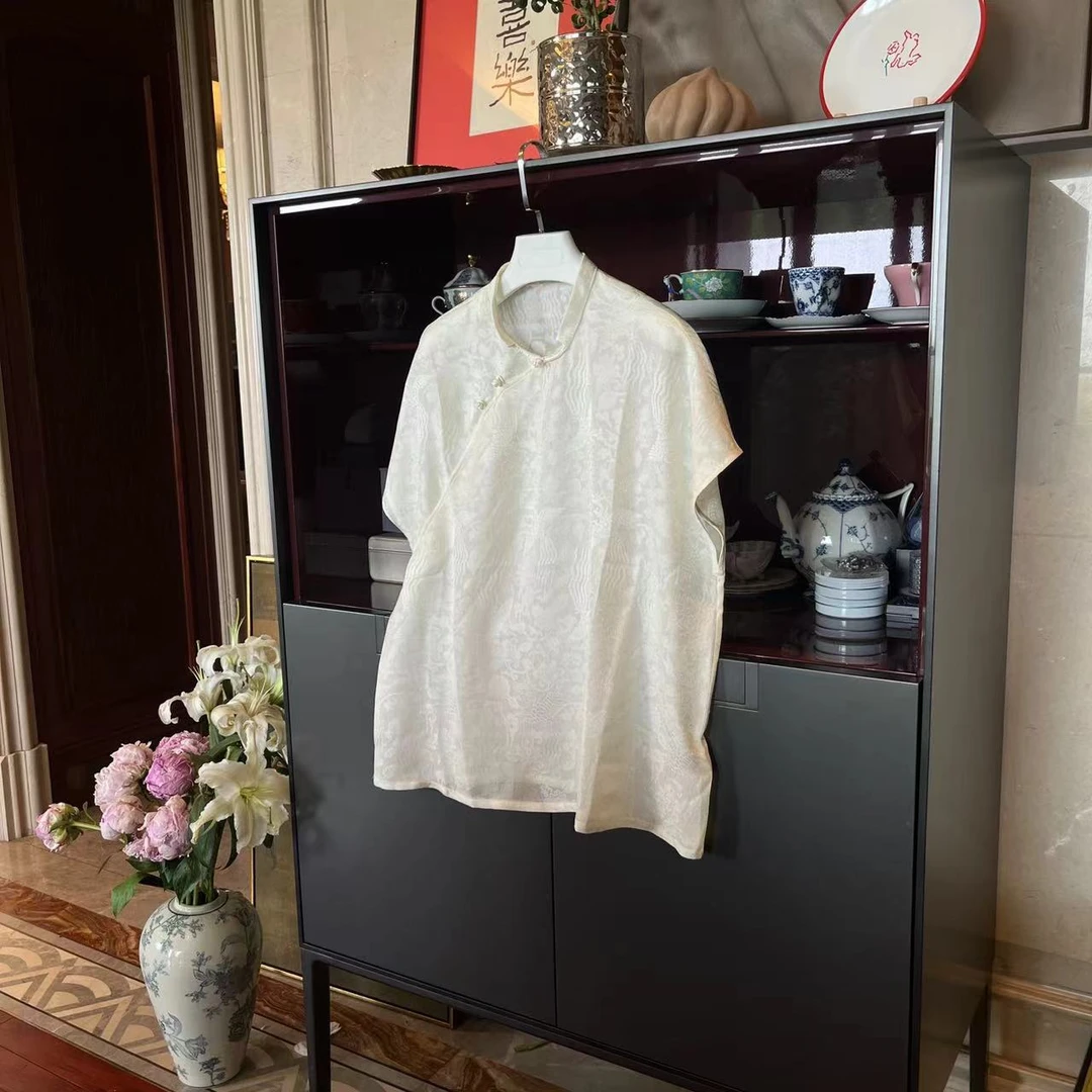 MYL2024年夏季新款桑蚕丝白色斜门襟立领中式衬衫落肩休闲上衣