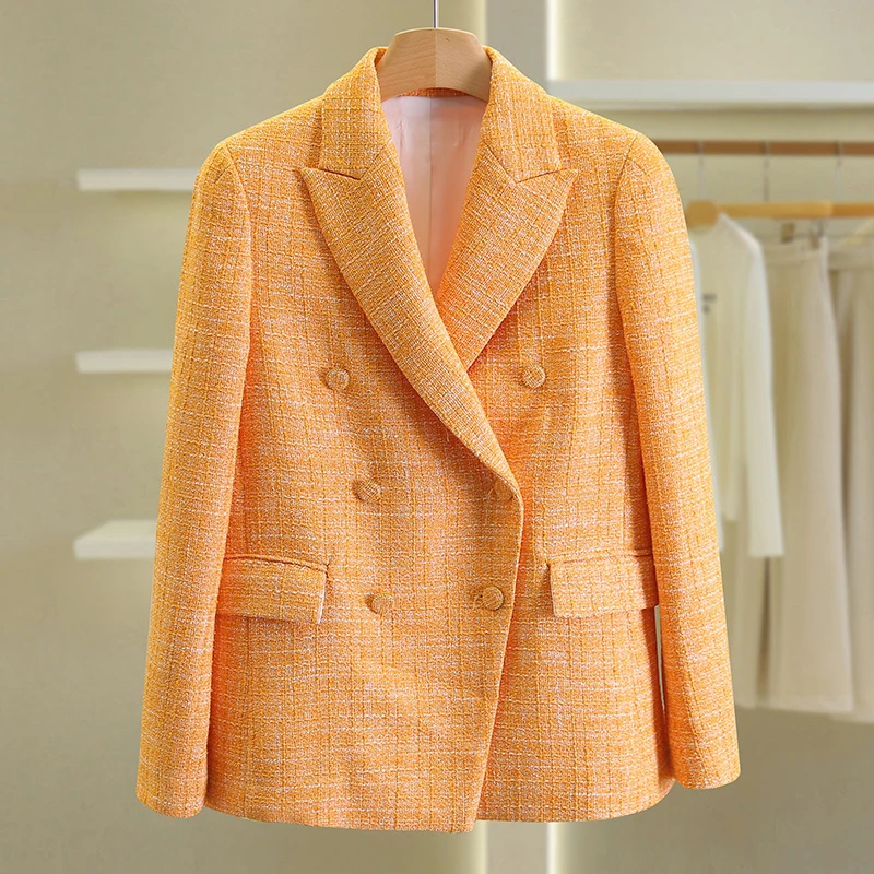 【伍莎-自营】双排扣修身粗花时尚西装外套#POS48W153