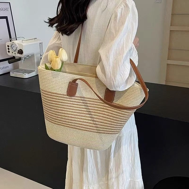 编织草编包爆款2025夏季通勤大容量条纹单肩女士百搭时尚沙滩包包
