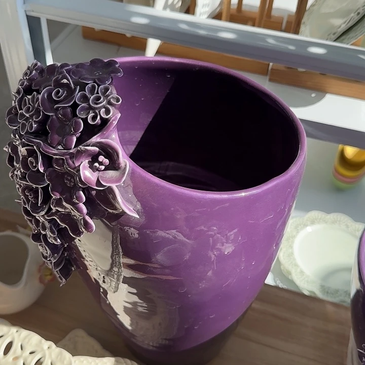 老货紫色手工捏花高花瓶