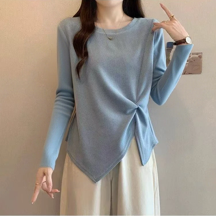 大码蓝色正肩t恤长袖女2025新款秋季胖mm不规则遮肚显瘦微胖上衣