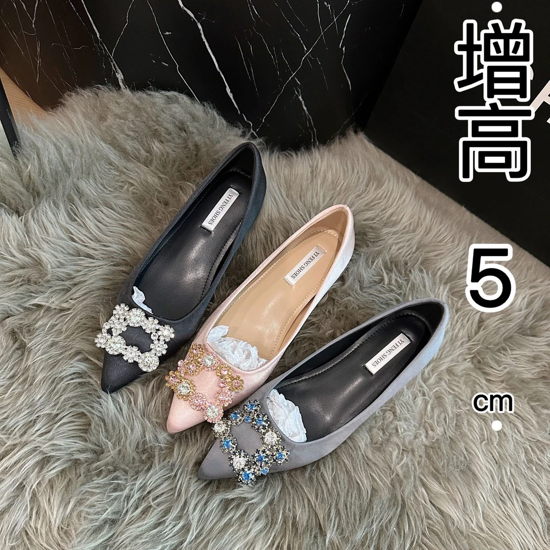 增高5cm气质雪花钻方扣尖头缎面法式浅口单鞋婚鞋气质通勤鞋