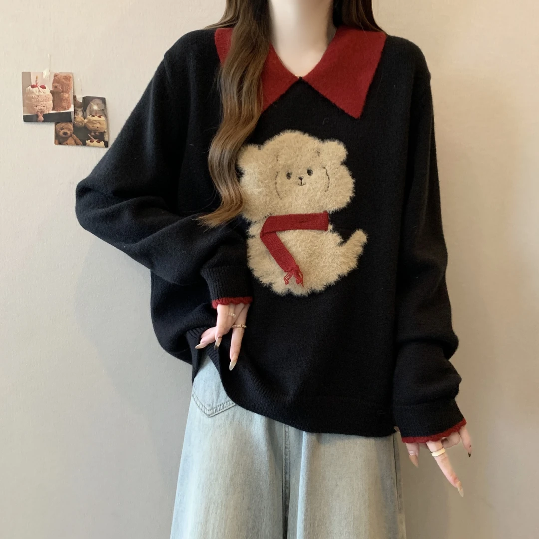 大码女装遮肚子撞色卡通翻领长袖打底衫女秋冬胖妹妹显瘦针织上衣