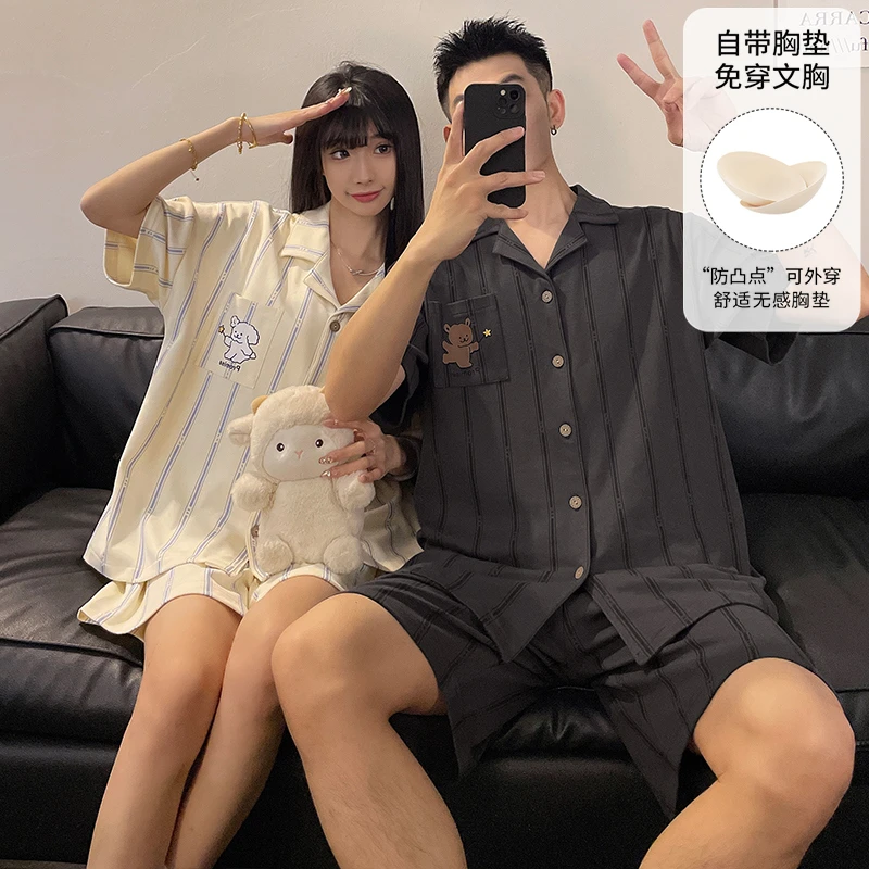 夏天睡衣情侣装一男一女短袖裤可外穿开衫套装卡通ins风家居服