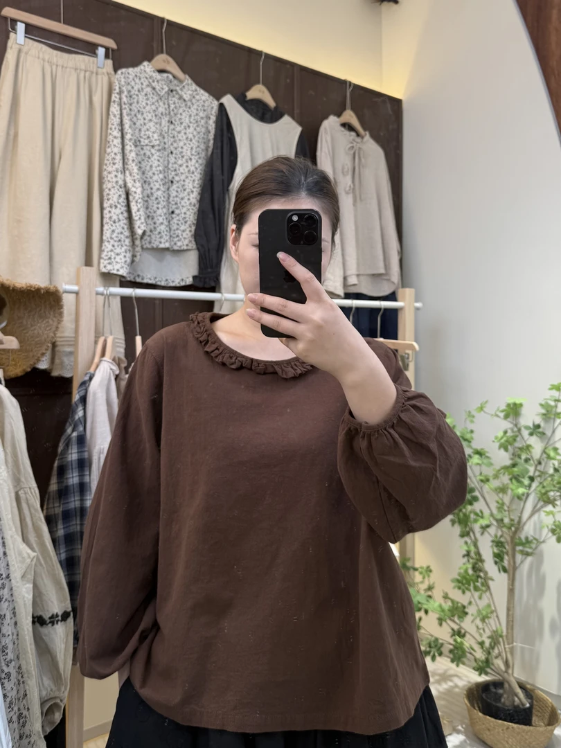 （简麻）秋季女纯色磨毛百搭长袖针织韩版圆领衬衫朋克风褶皱J93