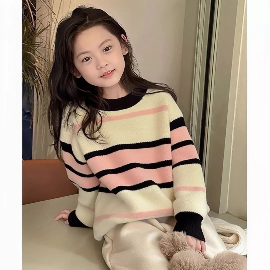 【韩国绒】毛衣秋冬针织衫2024新款女童软糯条纹粉色加厚宽松冬装