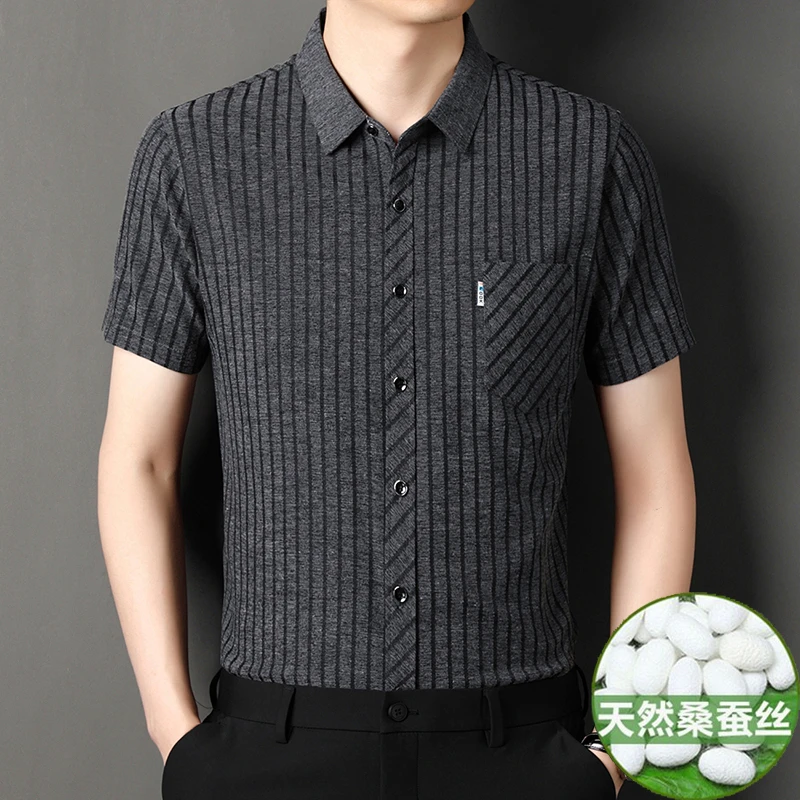 夏季新款含桑蚕丝男士短袖衬衫薄款舒适透气商务休闲条纹亚麻衬衫