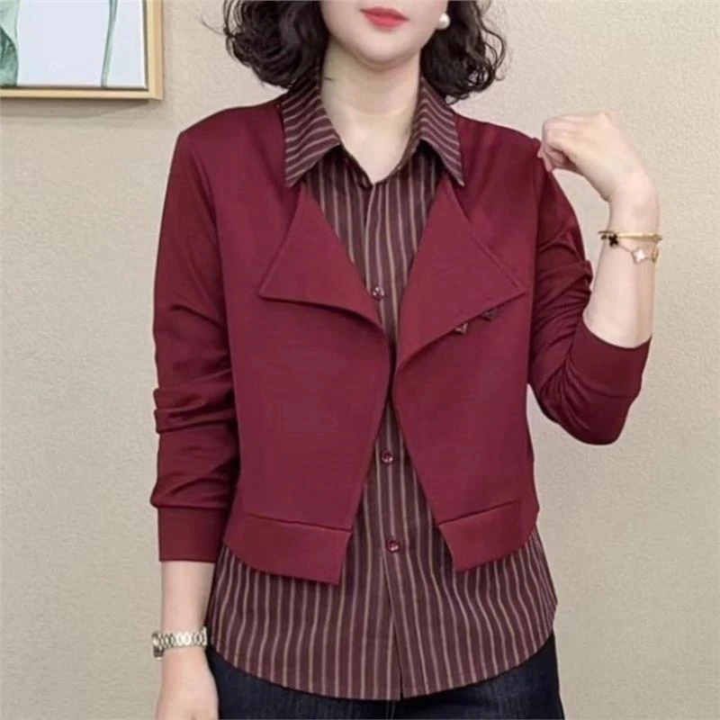 假两件条纹衬衫外套女2025秋季时尚妈妈装长袖翻领打底衫宽松上衣