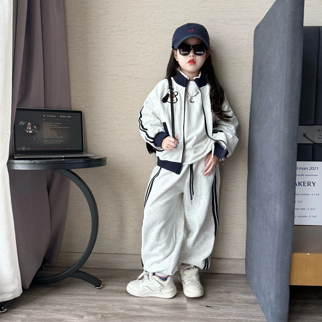 男女童秋冬休闲风贴布绣加绒卫衣卫裤两件套中大童宽松运动套装