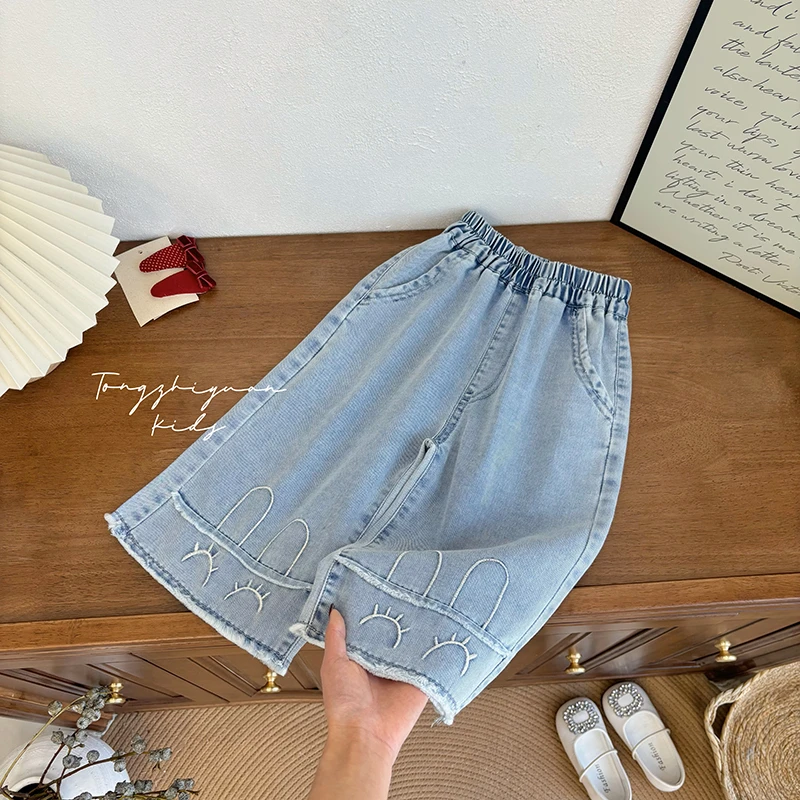 K244女童夏季新款时尚直筒裤子新款夏季牛仔裤女童牛仔裤刺绣