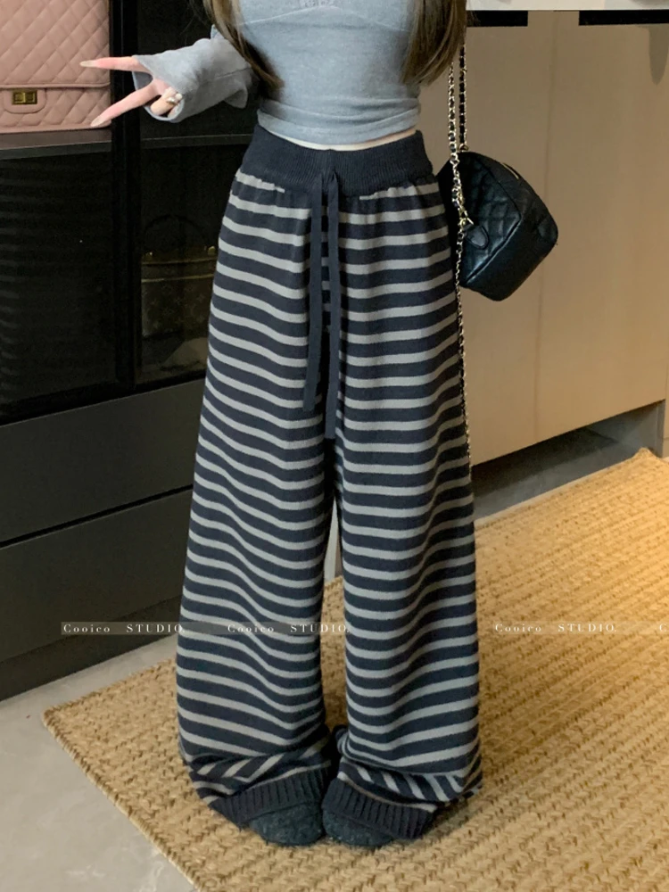 韩系撞色条纹针织休闲裤女春秋小个子高腰显瘦宽松保暖拖地直筒裤