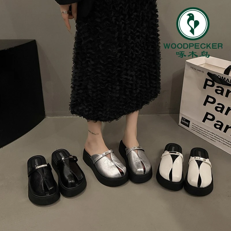 啄木鸟复古英伦风包头半拖鞋女夏季外穿2025新款厚底增高百搭凉鞋