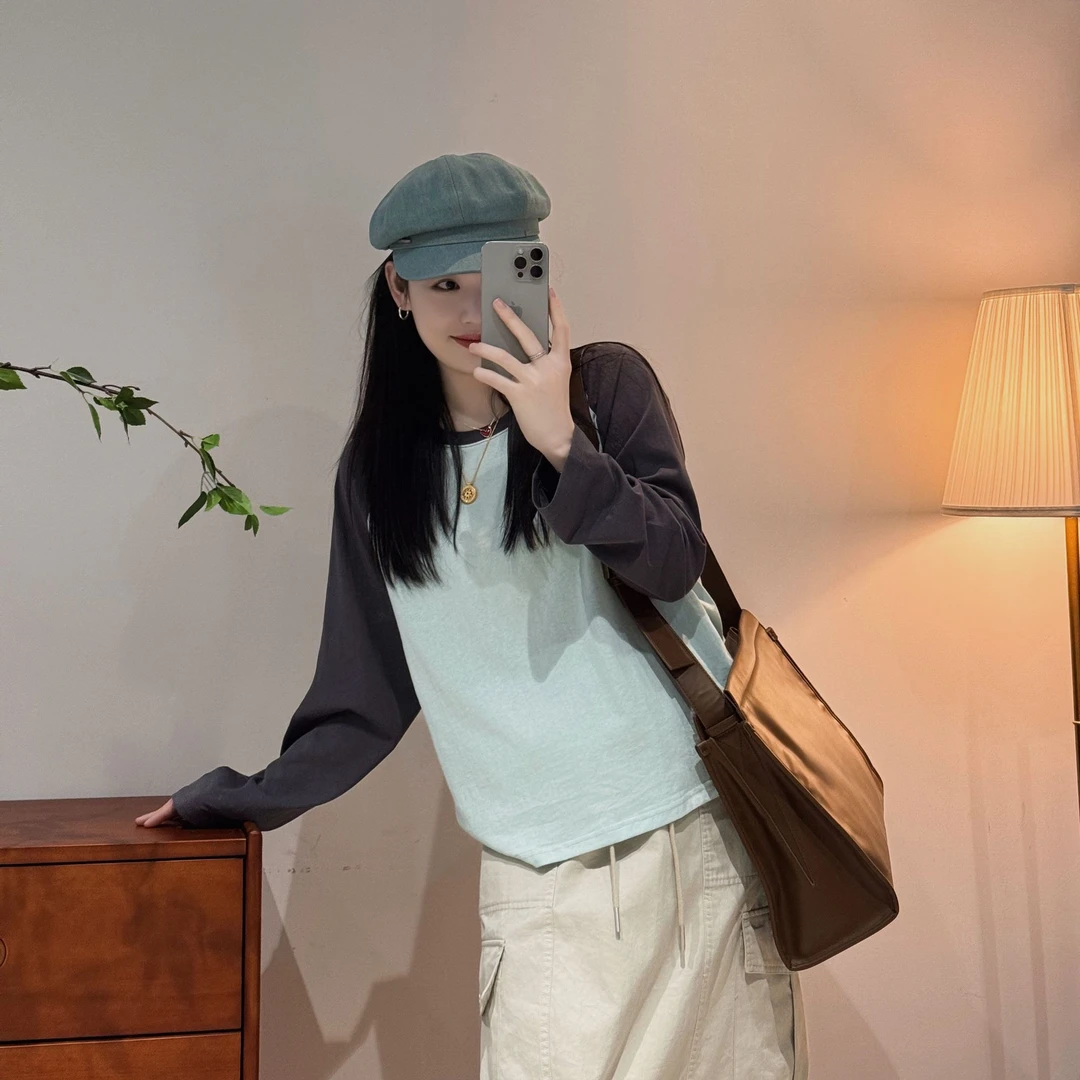 今婷春季时尚百搭休闲设计感拼接撞色插肩袖长袖T恤女-M25106336