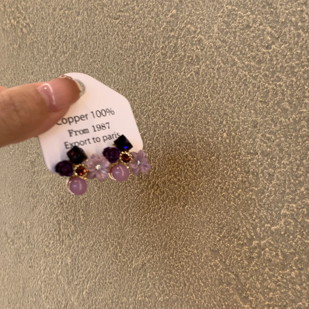 合金锆石耳饰 紫色花瓣耳环女小众设计感耳饰品高级感轻奢耳钉