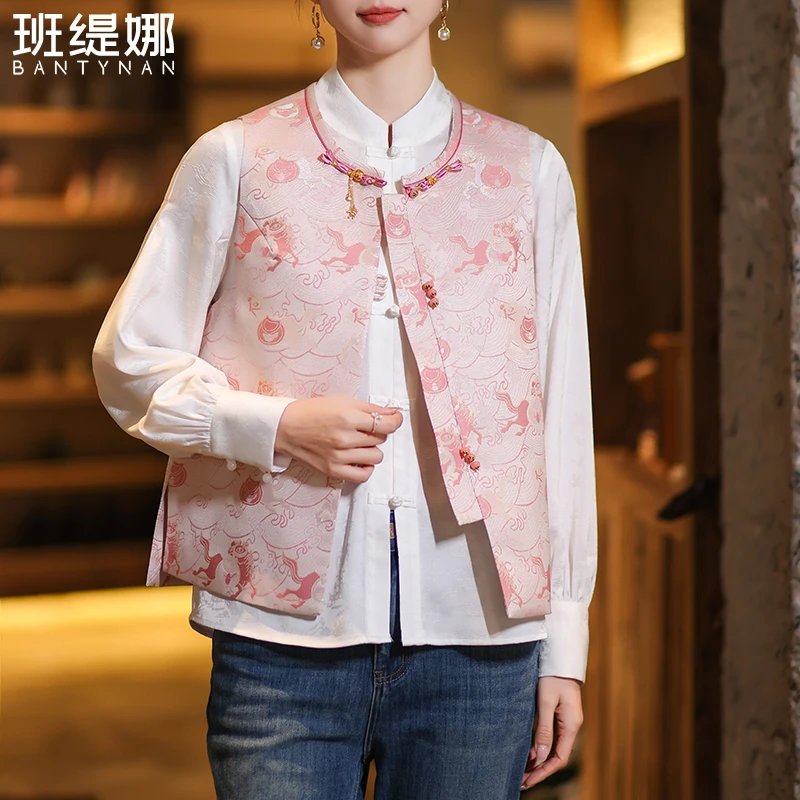 2025新款女马夹立领时尚短款上衣百搭中国风复古班缇娜新中式马甲