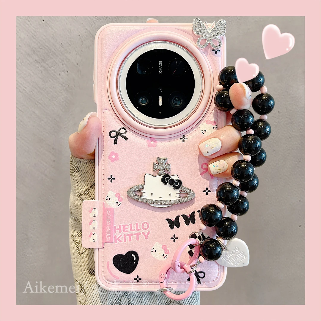 适用华为mate70pro+手机壳粉色皮质Mate60pro立体星球kitty猫链条