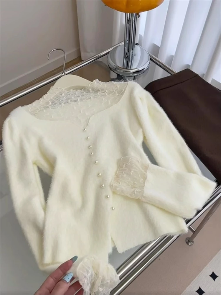 小香风蕾丝拼接毛衣女装2025秋季新款气质显瘦长袖针织打底衫上衣