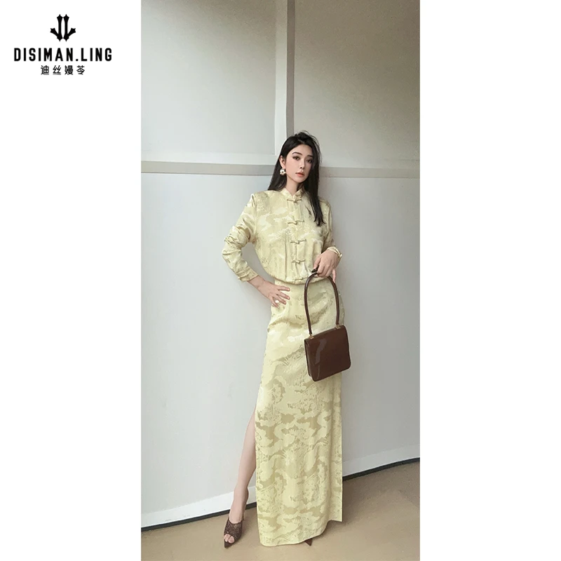 迪丝嫚苓黄色连衣裙长款日常圆领提花中国风原创设计师小众优雅感