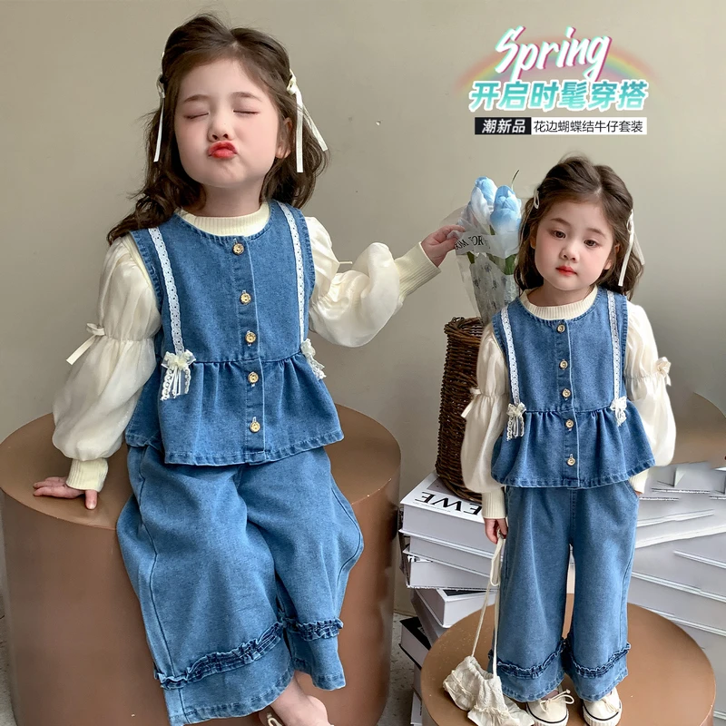 韩版套头女春秋女童背心阔腿软牛仔套装洋气儿童童装时尚夏季美式