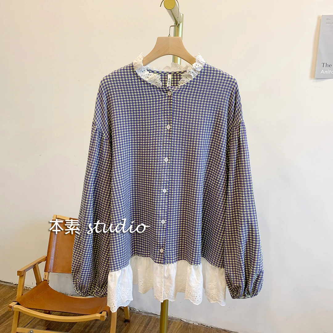 C3301-黄紫格 格纹全开扣蕾丝边立领衬衫