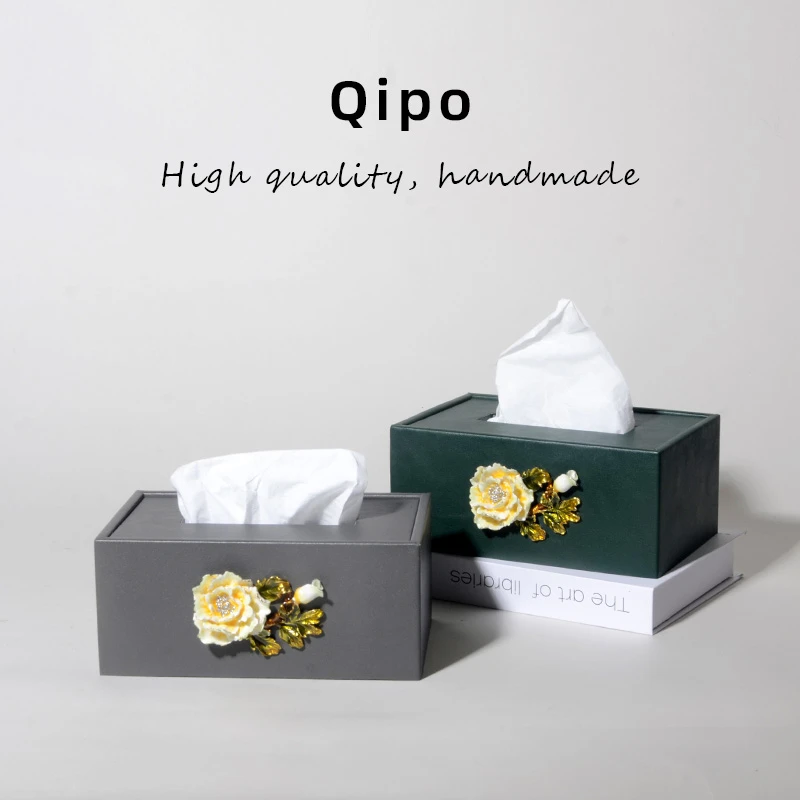 【栖珀Qipo】珐琅彩皮质纸巾盒摆件新中式高端餐巾纸盒酒店商用灰色