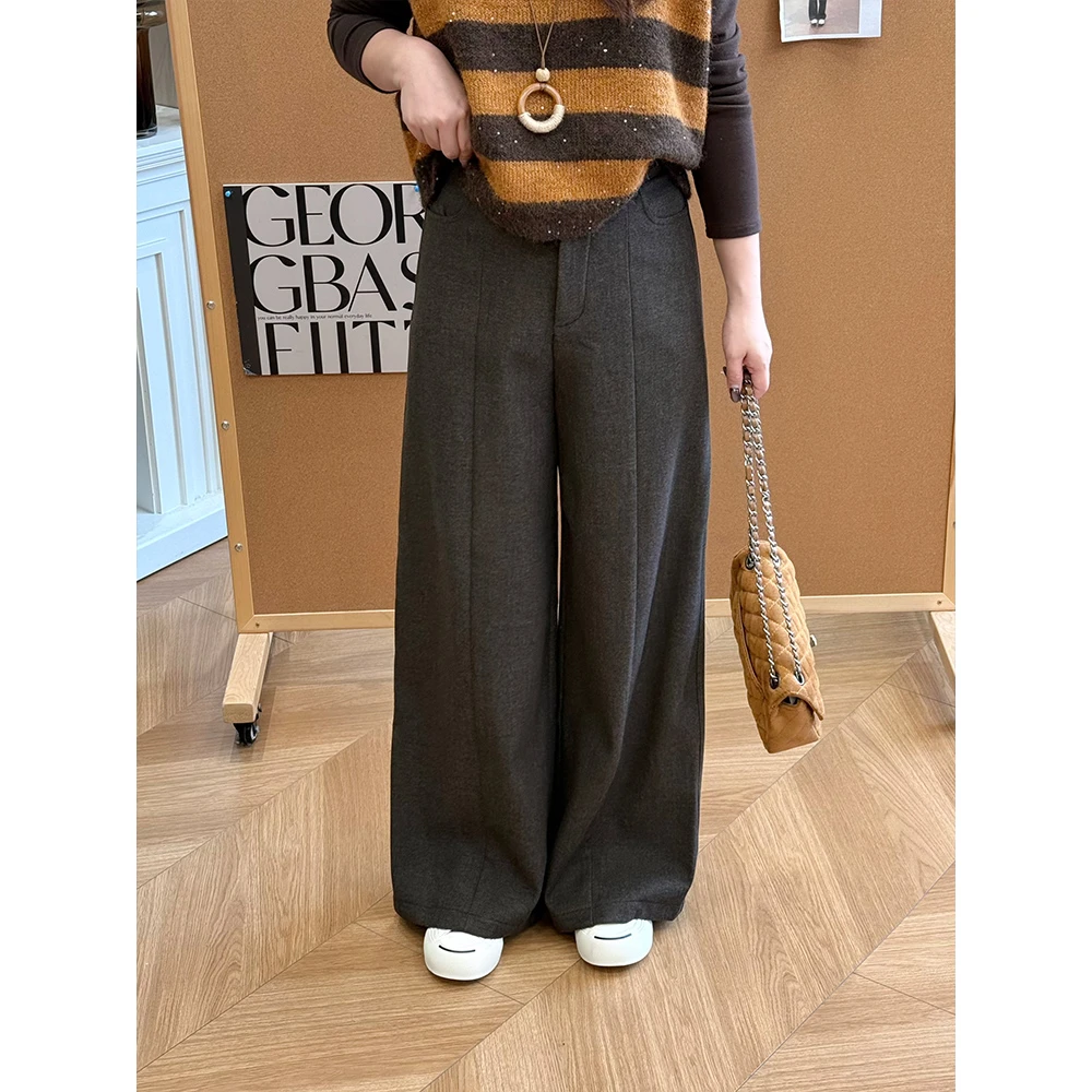 WenWen小个子2025秋冬新款显瘦高腰呢子加绒阔腿裤百搭休闲裤4506