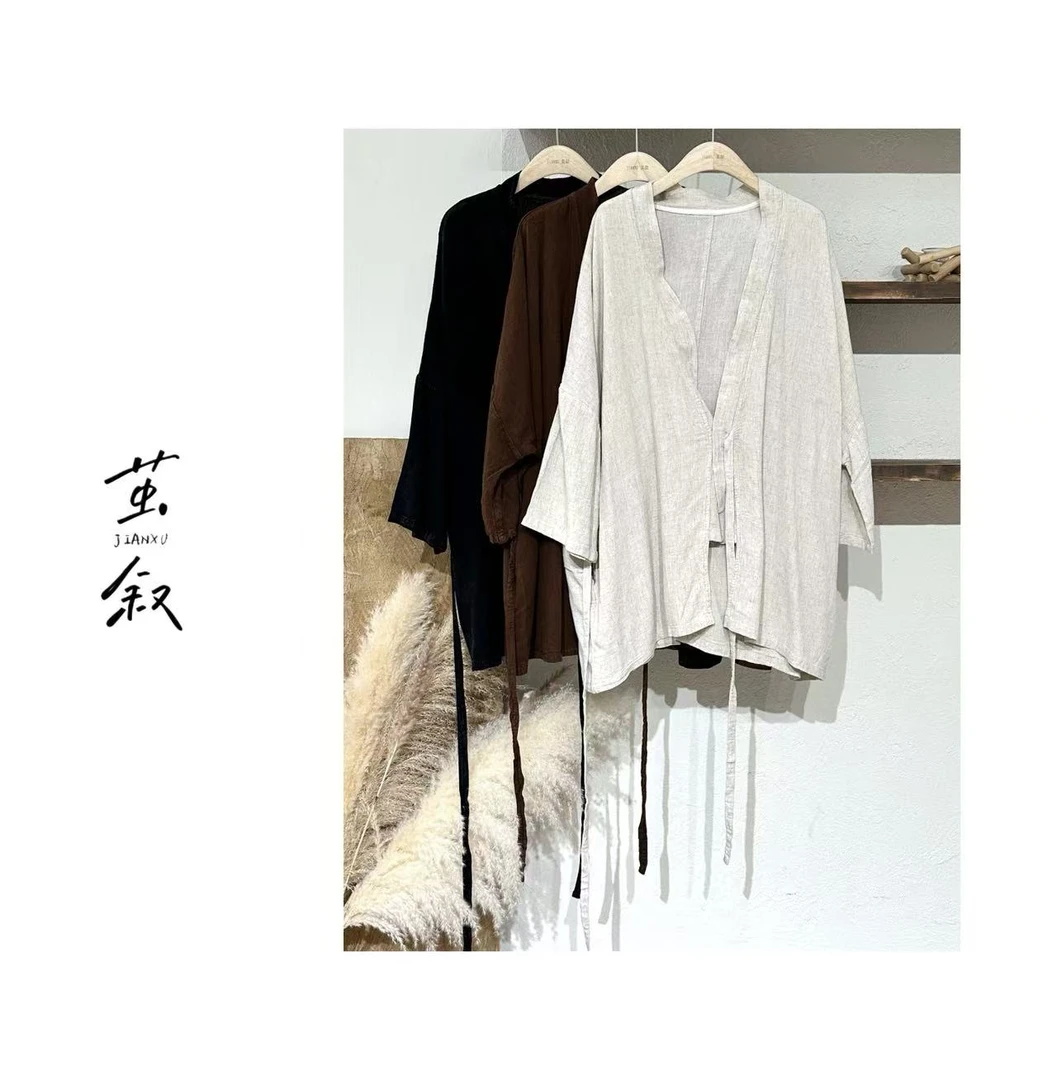 JIAN.XU复古小众百搭炒色做旧砂洗亚麻系腰带开衫 衣长80胸围160