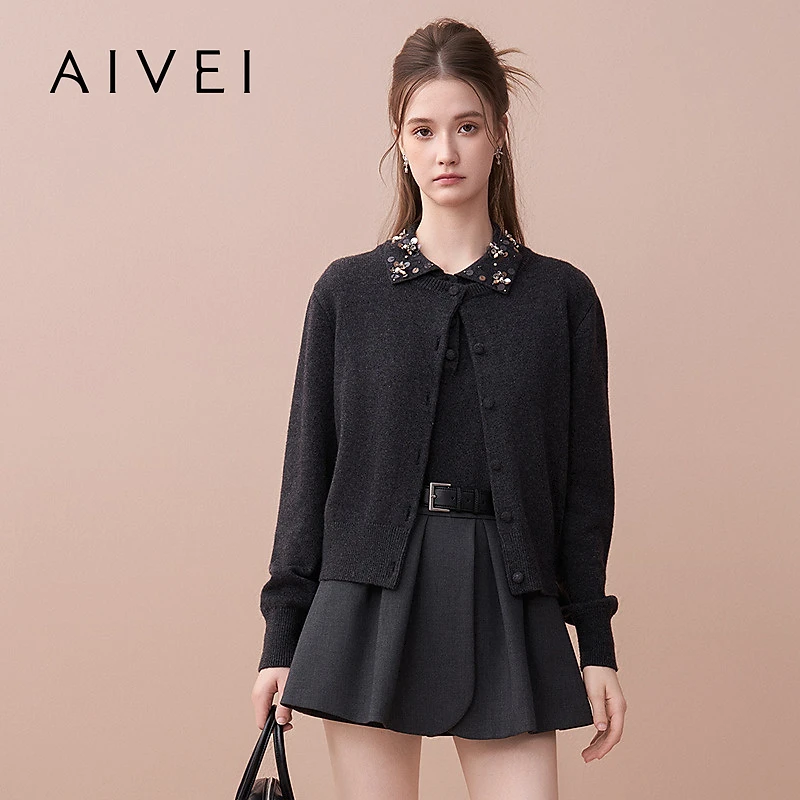 AIVEI欣贺艾薇2025秋季日系通勤钉珠针织背心开衫两件套XRV5M21A