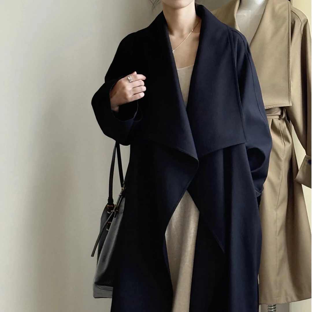 【月姐家】春秋季新款高端大翻领长款风衣黑色系带气质优雅外套