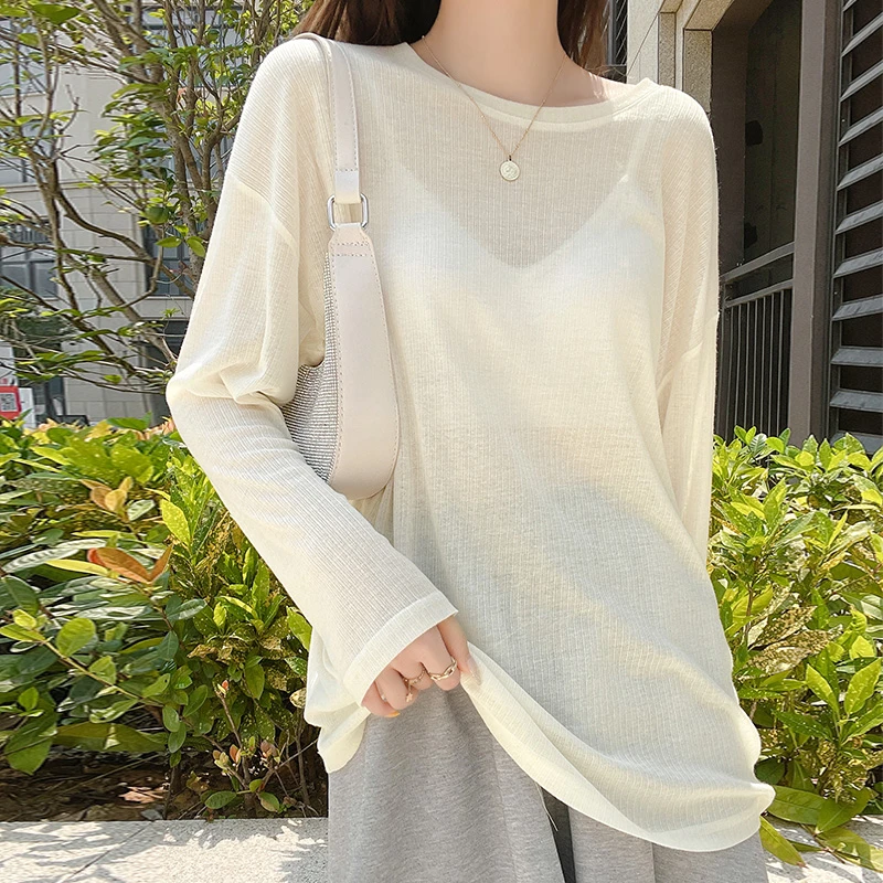 杏色高级感圆领长袖显瘦外搭罩衫潮夏季新款极简风百搭T恤上衣女